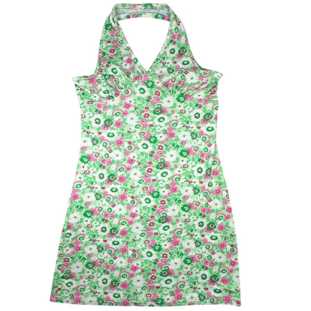 Floral Halter Mini Dress Green Pink Size M Y2K